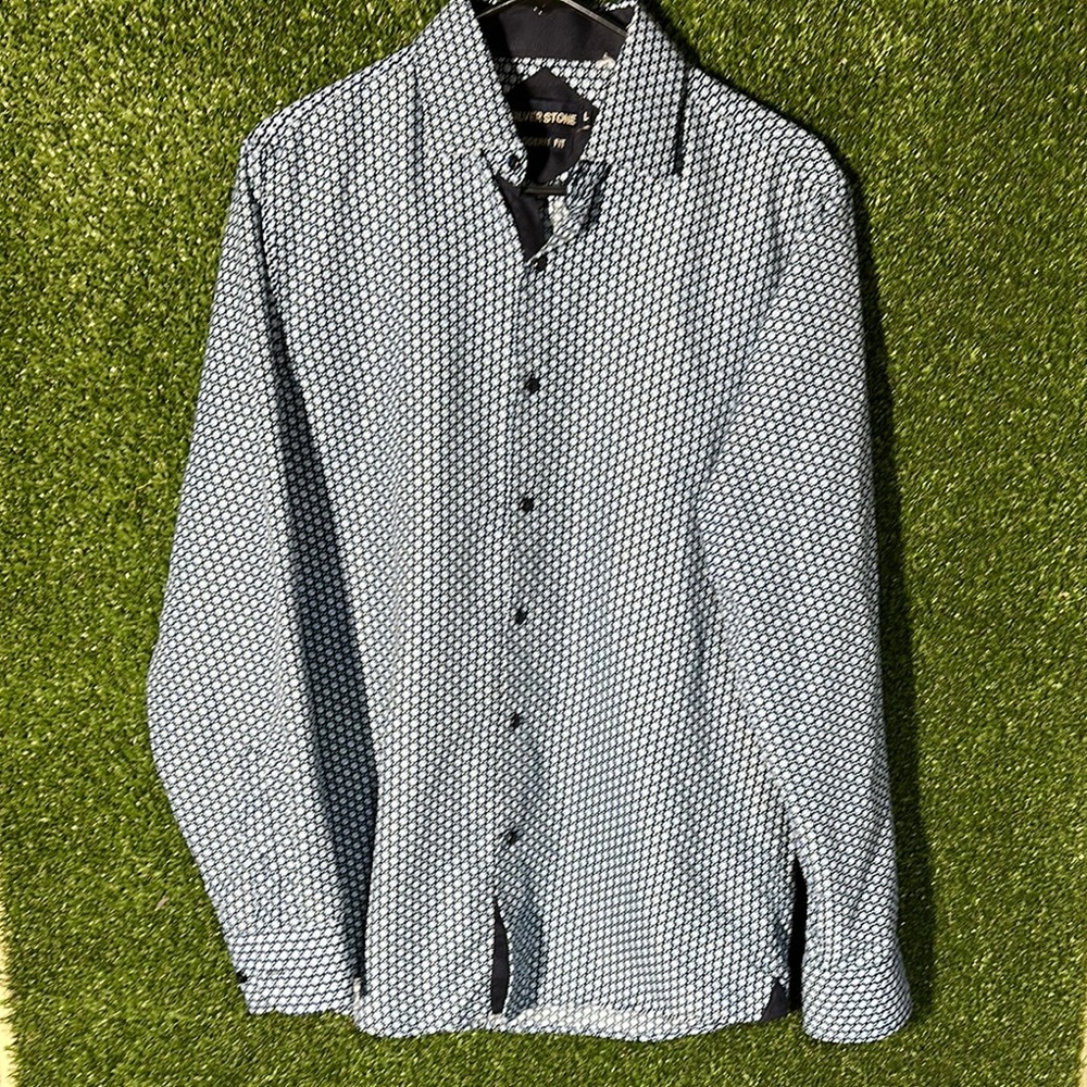 Black and White Casual Button Down Shirt with Geometric Pattern